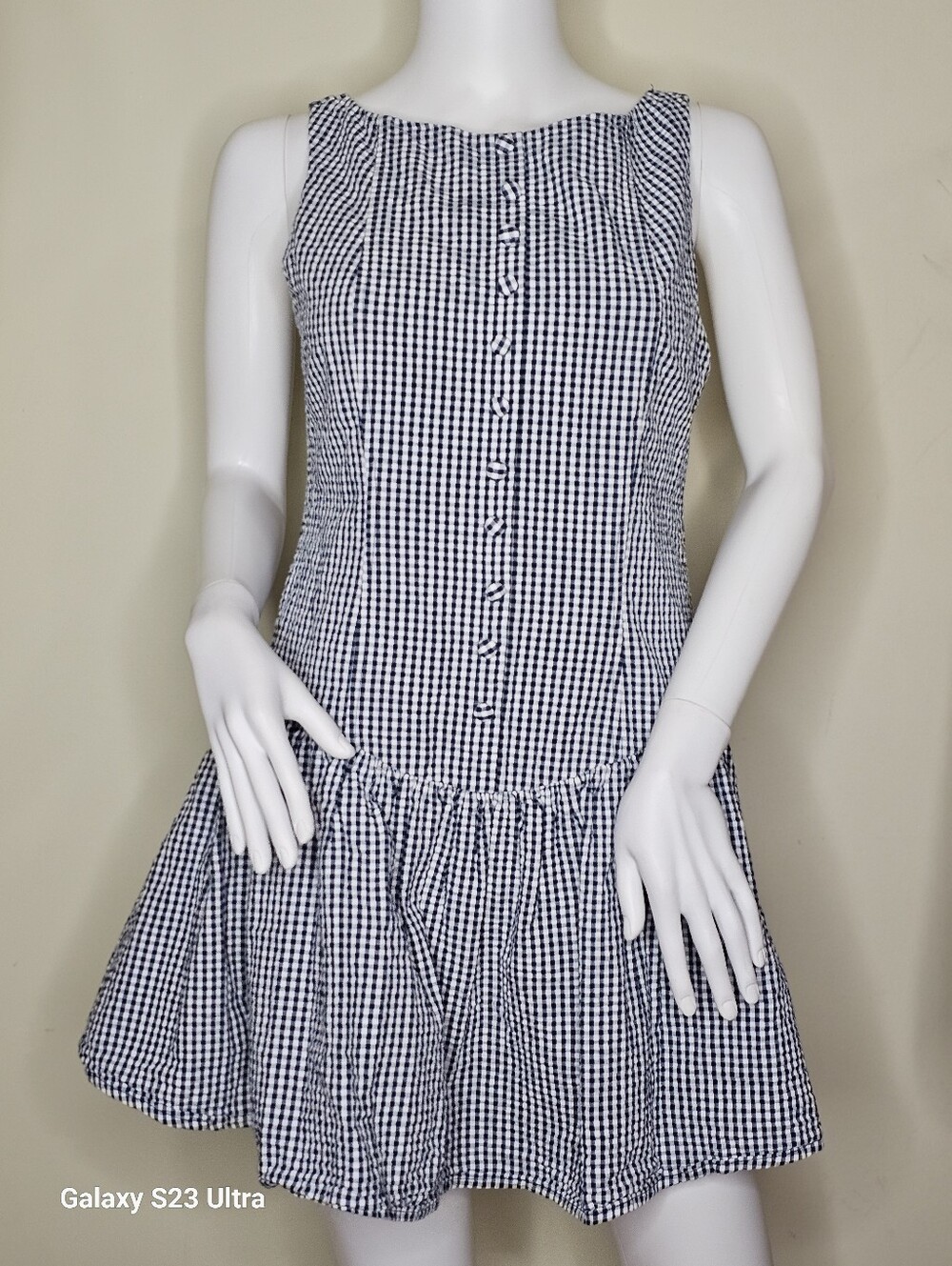 Navy and White Gingham Button-Back Sleeveless Dress